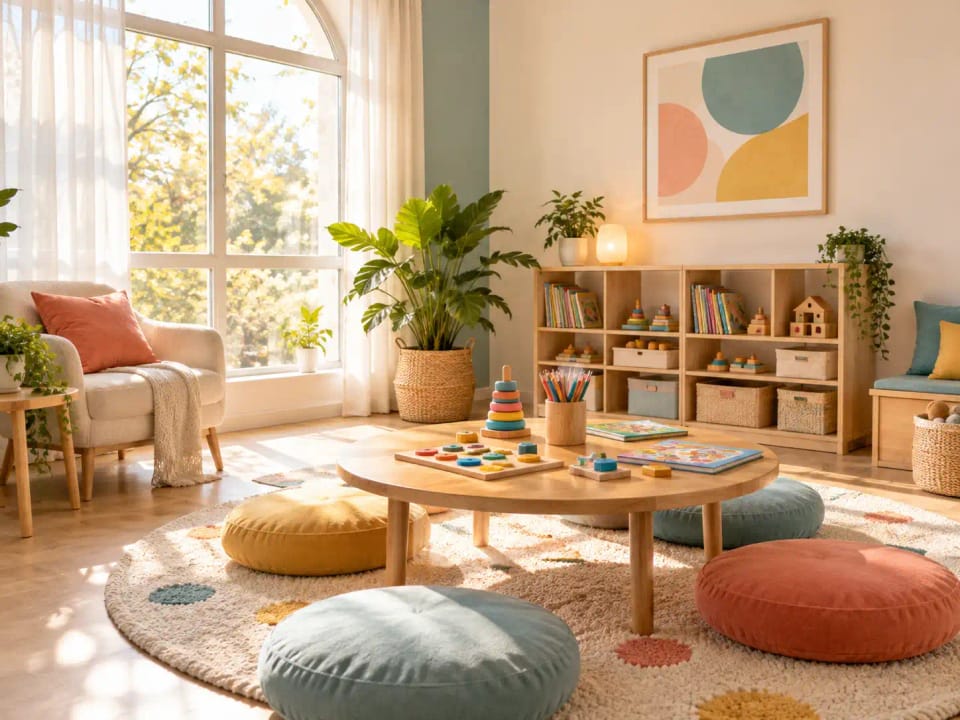 Sala luminosa con ventana en arco, biblioteca baja con juegos y libros, mesa redonda con materiales didácticos y almohadones de colores.