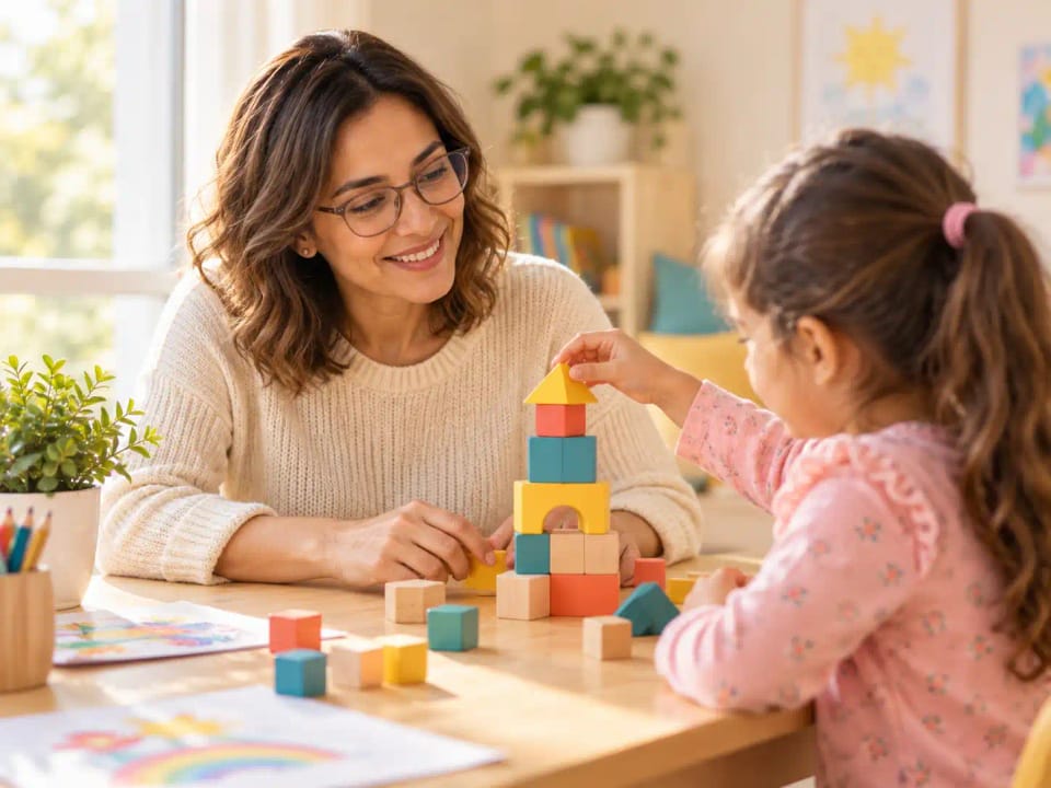 Una profesional sonríe mientras una niña coloca el último bloque de una torre de colores sobre una mesa.